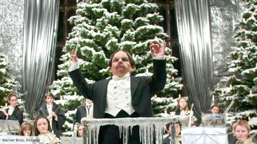 Professor Flitwick leading the Christmas celebrations at Hogwarts in Harry Potter